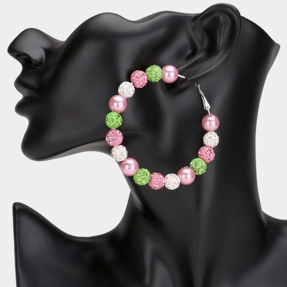 Pink & Green Pearl Shamballa Hoop Statement Earrings